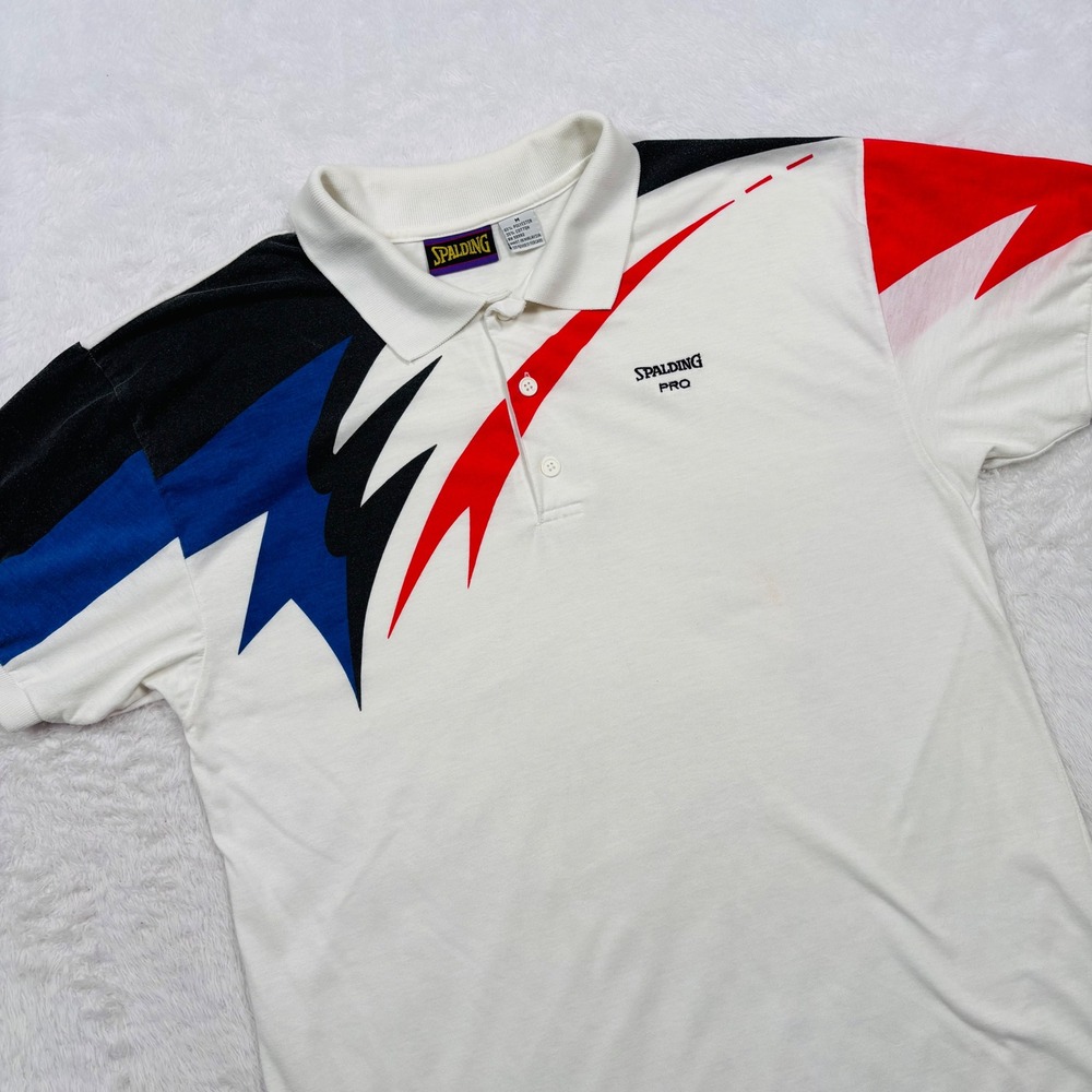 VTG 90s Spalding Polo Shirt Men M White Red Blue Geometric Colorblock Logo RARE - Picture 11 of 14